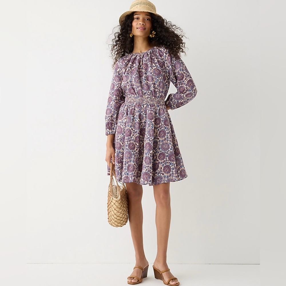 🆕 J.Crew Palermo Smocked Waist Mini Dress Floral Bouquet Linen Red Blue Cream XS